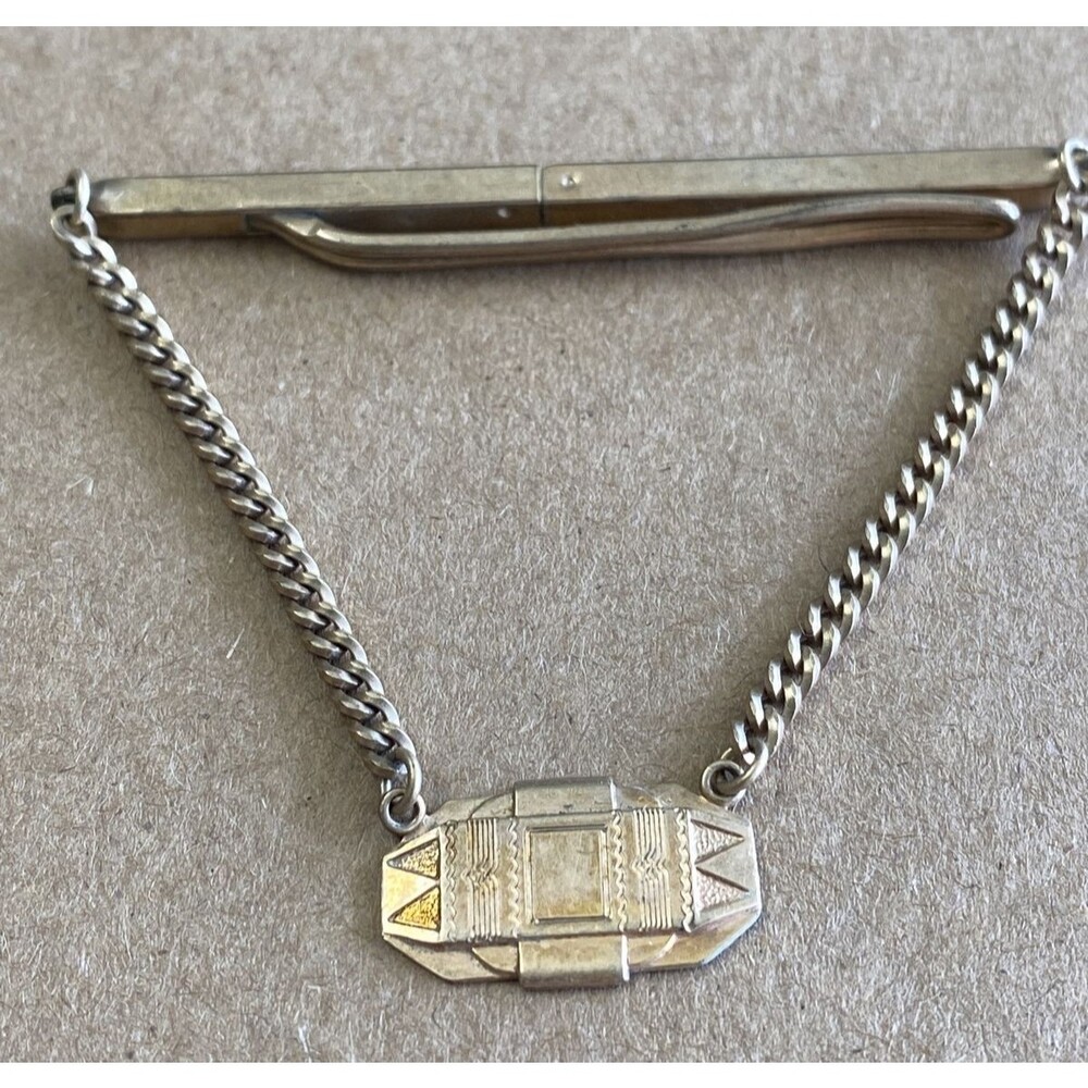 Vintage Hayward Tie Bar Gold Tone With Chain & Art Deco Charm